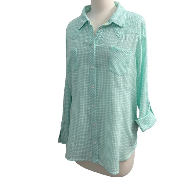 TWO BY VINCE CAMUTO 100% COTTON GINGHAM BUTTON DOWN TOP SIZE L (GUC) - Picture 1 of 8